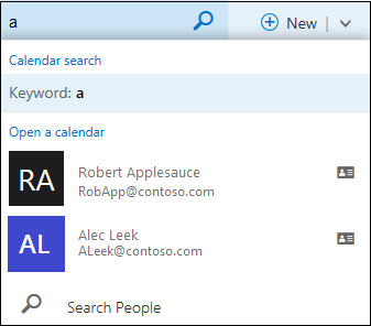Calendar search list that appears when you type something in the Calendar Search box and matches a name in your contact list or directory.