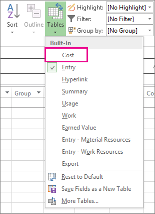 Cost table in the Tables menu