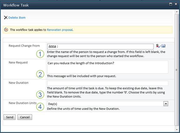 Form for requesting change in item