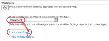 Add a workflow command with Document content type selected