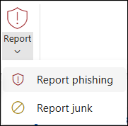 Screenshot of the Report button with Report Phishing selected in the classic ribbon in Outlook on the web.