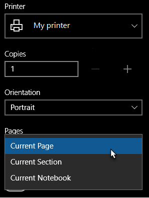 Printer dialog with single page selected