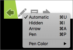 Screenshot shows the options available for the pointer used in a slide show. Options are Automatic, Hidden, Arrow, Pen, and Pen Color.