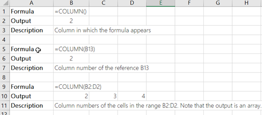 Examples of the COLUMN function