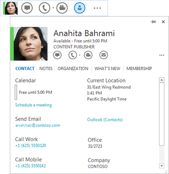 Screen shot of contact listing with contact card icon selected and corresponding contact card displayed