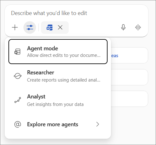 Agent mode in Word.