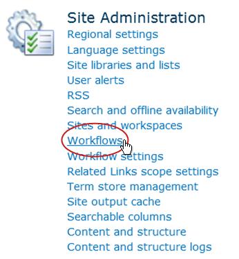 Workflows link under Site Administration heading