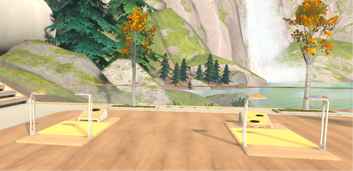 The bean bag toss game in immersive space.