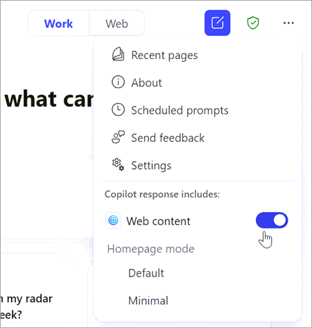 Screenshot of Copilot Chat dropdown with the selection of responses to include Web content