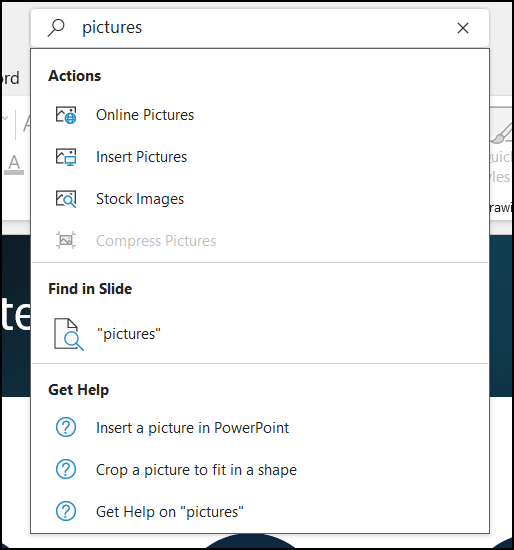 The Search box in action in PowerPoint with pictures being searched for,