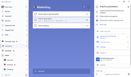 Marketing list open with task Prep for presentation selected. Detail view is open with three steps and repeating due date and reminder added. Monthly Report.pptx is an attached file.