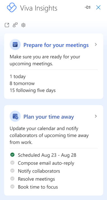 Screenshot that shows the side pane for the Viva Insights Outlook add-in, which contains several insight cards