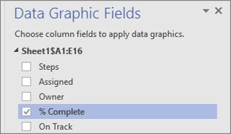 Data Graphic Fields pane, % Complete field checked and selected