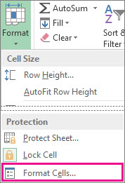 On the Home tab, Format button, and the Format cells button on the menu