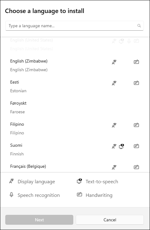 Screenshot of language packs available to download in Windows 10 settings.
