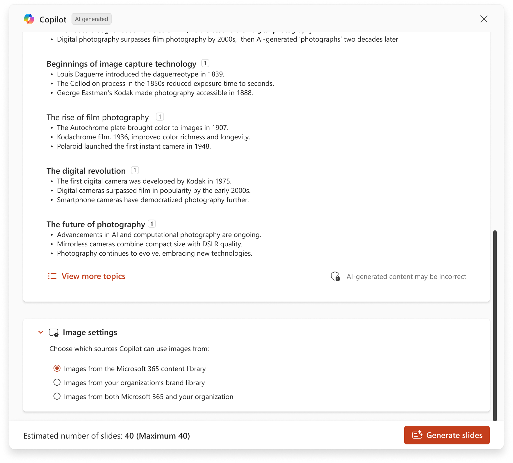 Image setting in Narrative Builder that contains three options. User can choose between images from Microsoft M365 content library, images from your organization content library, or both.