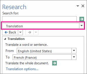 The Translation option in the Research pane