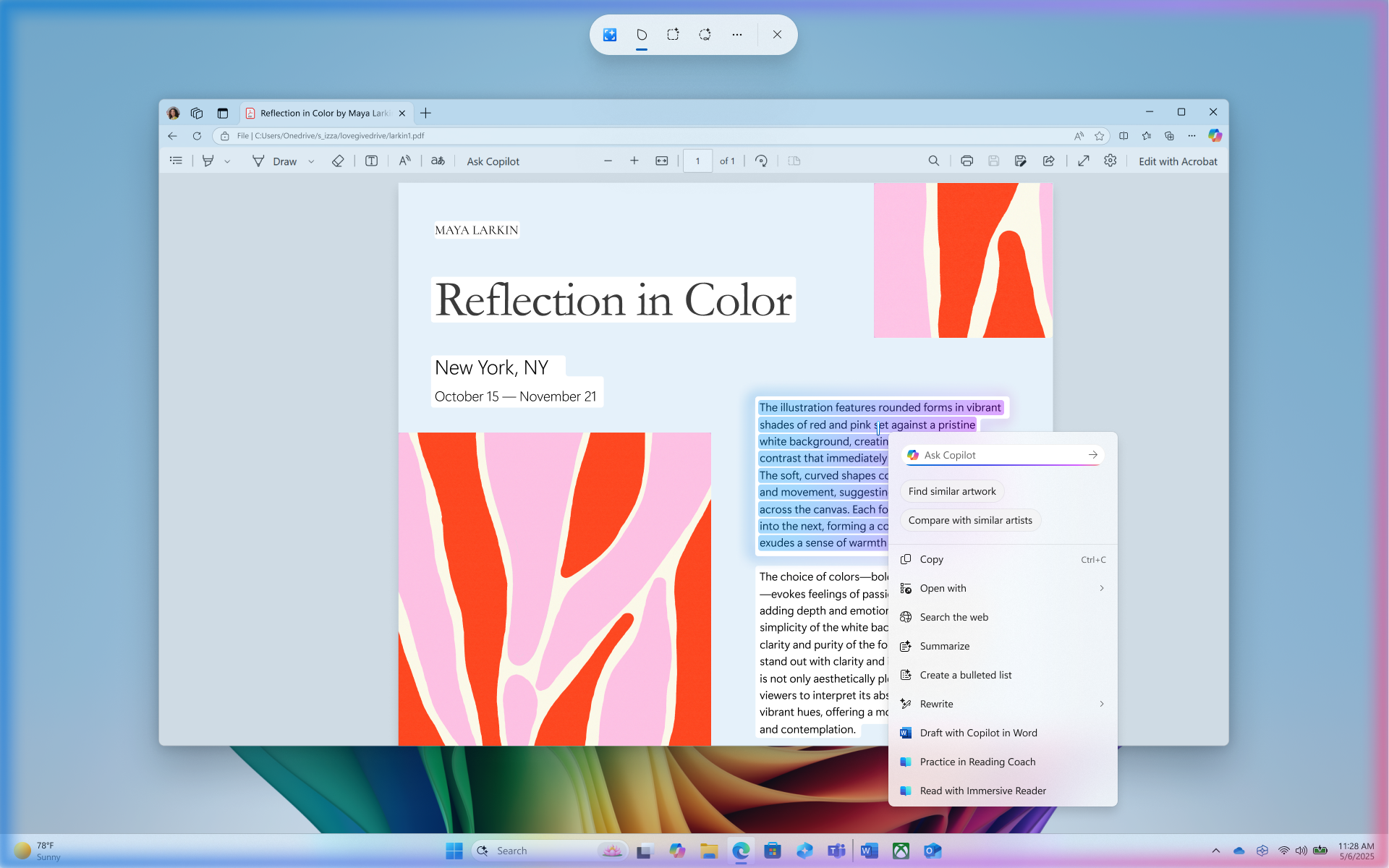 Click to Do has analyzed what's on screen and the user has chosen the text to take action on.