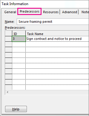 The Task Information box, showing the Predecessors tab.