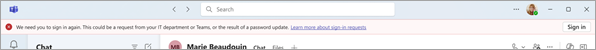 Screenshot showing a sign-in banner that appears when people's Teams access is challenged.