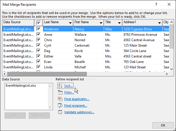 As part of Word mail merge, results of a sort of a  recipient list.