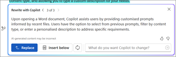 Rewrite with Copilot generated rewrite with options to replace, insert below, regenerate, or tell Copilot what you want to change.