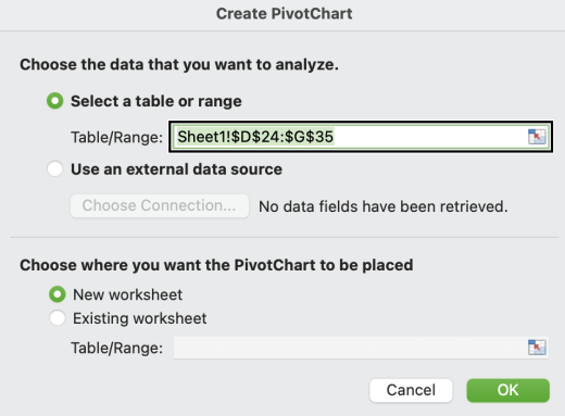 The Create PivotChart dialog box in Mac.