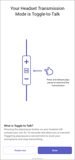 Screenshot of headset transmission mode set to Toggle-to-Talk in Walkie Talkie.