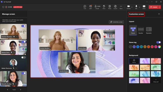 Screenshot showing screen customizations in a Teams town hall.