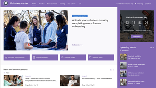 Screenshot of the Volunteer center home page