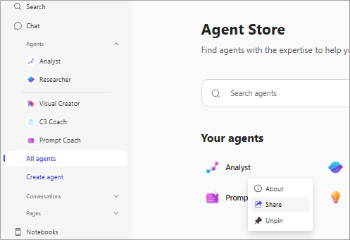Shows Microsoft 365 Copilot, with an agent selected in the workspace, and the "Share" option visible.