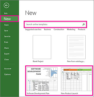 Available templates in the New area of the backstage
