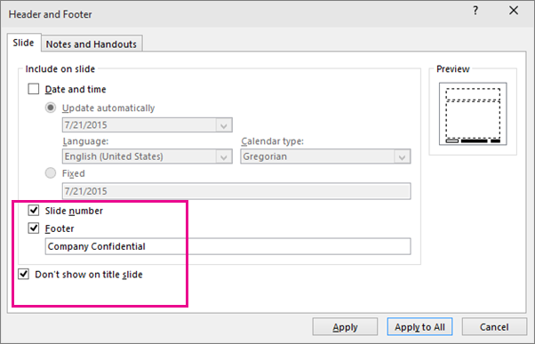 shows insert footer dialog in powerpoint