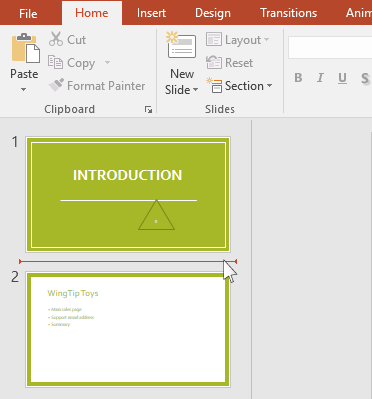 The red horizontal line indicates where the new slide or slides will be inserted.