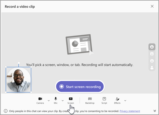 Screenshot of the option to start screen recording in Microsoft Teams.