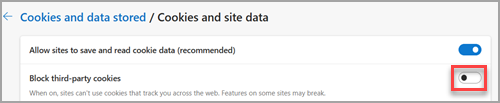 The "Block third-party cookies" setting in Microsoft Edge