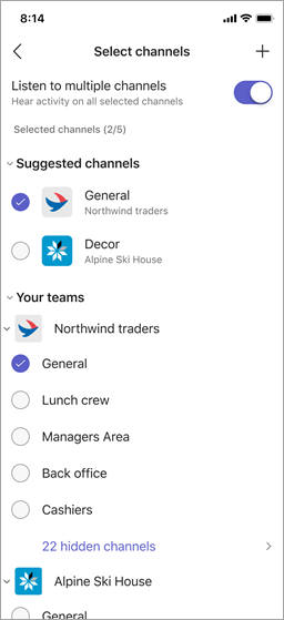 The Select channels screen in Walkie Talkie.