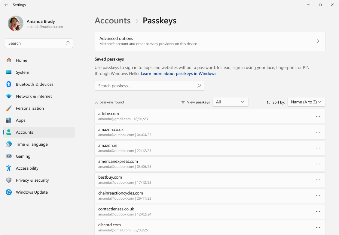 Screenshot of Settings > Passkeys.