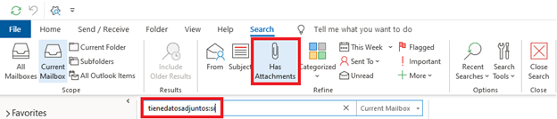 Search criteria “From” “Subject”, “Has Attachments”
