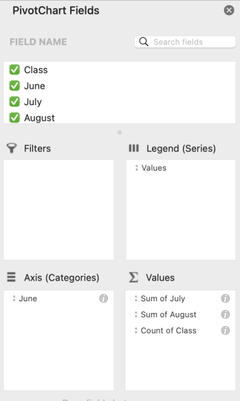 The PivotChart fields pane in Mac.
