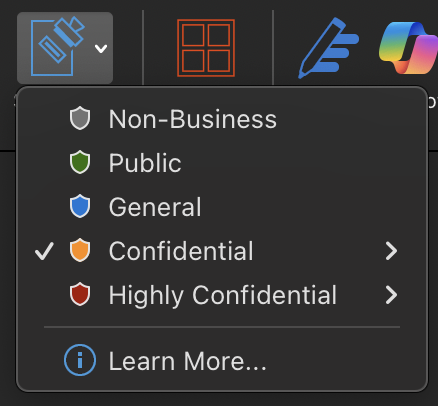 Expanded sensitivity menu showing sensitivity label options