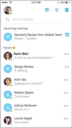 Skype for Business for iOS home screen