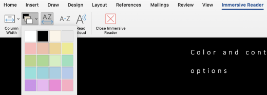 The Immersive reader menu for page color in Word for Mac.