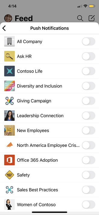 Push Yammer mobile profile settings