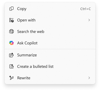 Screenshot of the Click to Do context menu with Ask Copilot