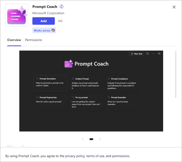Screenshot of an app showing more detail and the option to add it to Microsoft 365 Copilot.