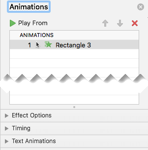 The Animation Pane has effect options, timing options and text-effect options