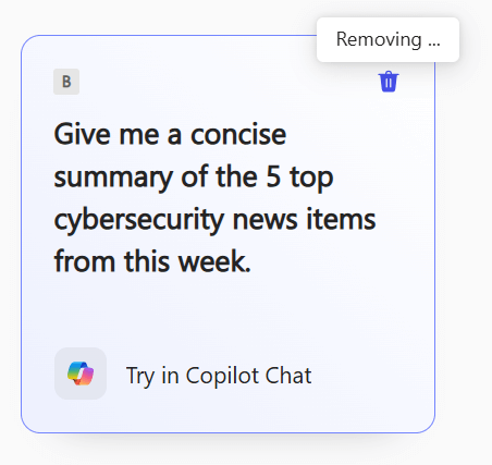 A saved prompt in Copilot Prompt Gallery with the Removing button at the top right selected.