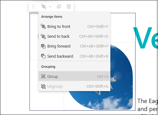 Grouping button under the Arrange Items Dropdown in the shared toolbar for web parts that have been selected together