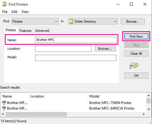 In the Name box, type the name of the printer, or leave it blank if you don't know the name. Then click Find Now.
